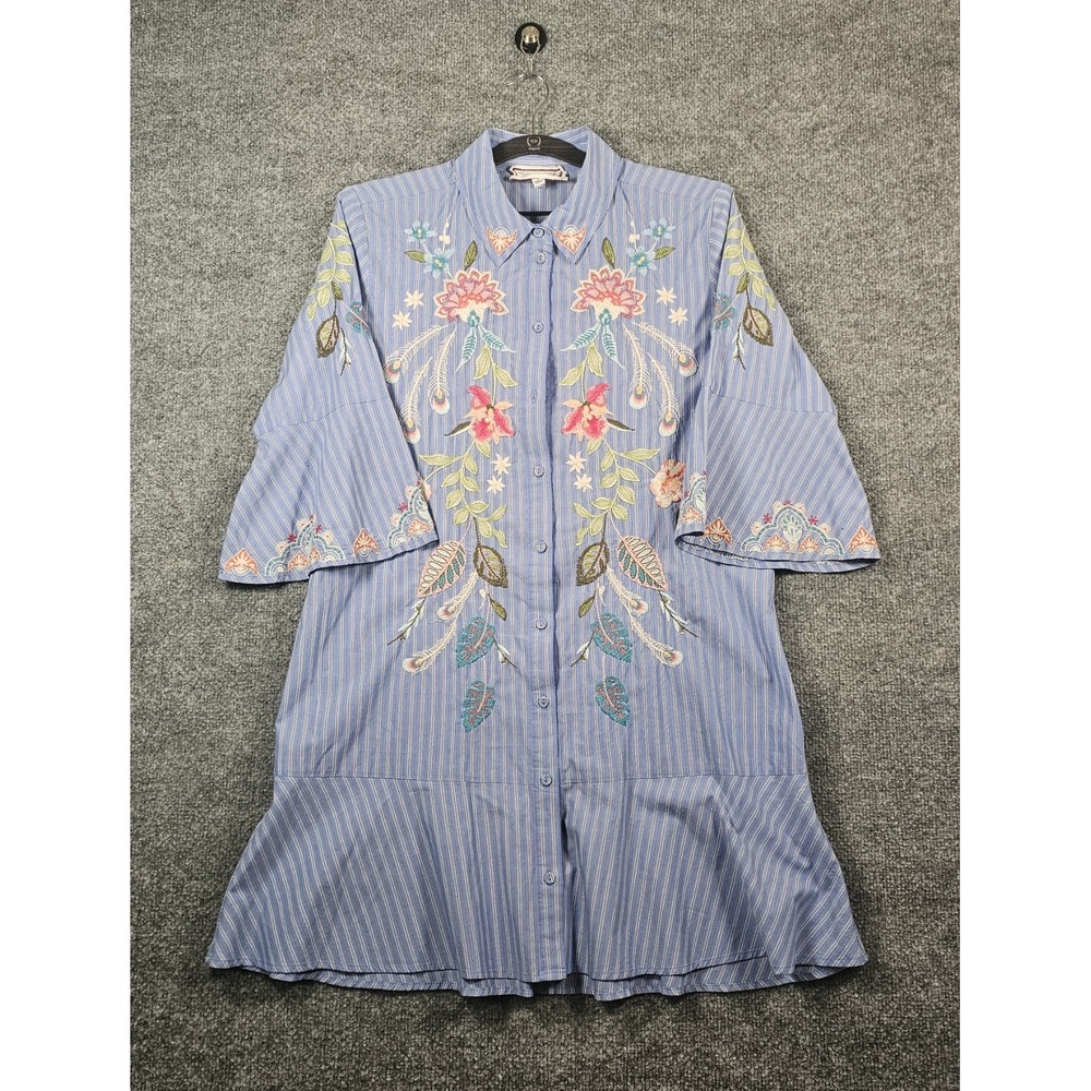 Johnny Was Workshop Striped Shirt Dress Women's Small Embroidered Bell Sleeve